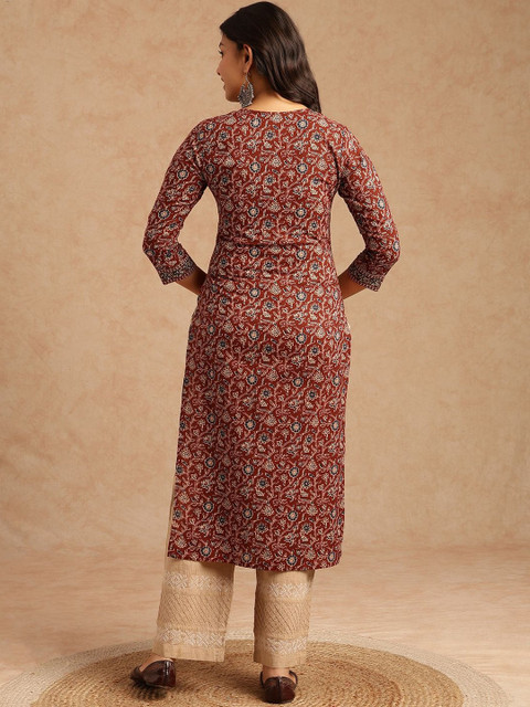 SZN Women Brown Floral Printed With Lace Work Straight Cotton Brown Stitched Kurta - Image 5