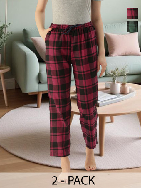 Kryptic Women Pack Of 2 Maroon & Green Checked Cotton Lounge Pants