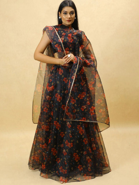 PURI MAA Printed V-Neck Semi-Stitched Lehenga & Ready to Wear Blouse With Dupatta