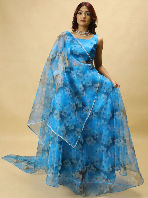 PURI MAA Floral Printed Semi-Stitched Organza Lehenga & Ready To Wear Blouse With Dupatta