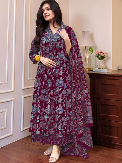 SZN Floral Printed V-Neck Thread Work Kurta With Palazzos & Dupatta