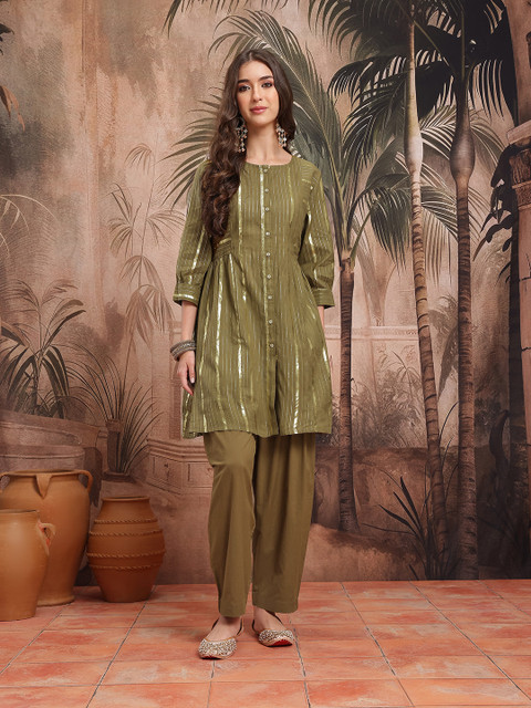 Sangria Vertically Woven Striped Cuffed Sleeves A-Line Kurta with Salwar - Image 4