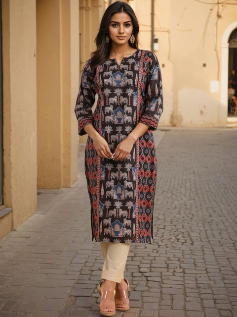 SZN Women Animal Print Straight Cotton Kurta