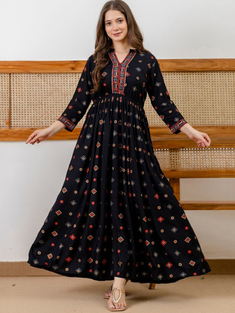 PURSHOTTAM WALA Women Ethnic Motifs Printed Mandarin Collar Fit and Flare Ethnic Dress