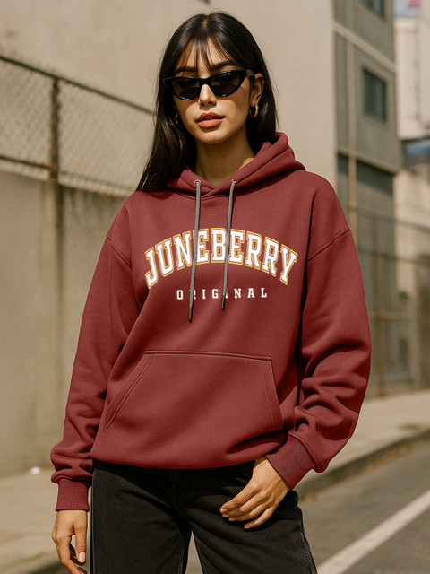 JUNEBERRY Women Rust Typography Printed Cotton Fleece Hooded Pullover Oversized Sweatshirt
