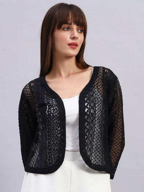 NATURE CRAFT Self Design V-Neck Sheer Open Front Cotton Shrug