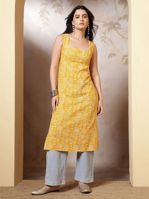 Nayo Women Ethnic Motifs Printed Festive Cotton Straight Kurta