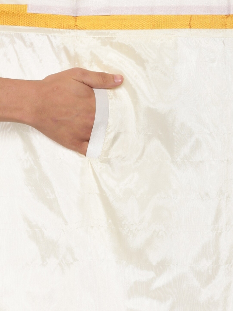 Sethukrishna Men Peach & White Solid Short Sleeves Shirt with Dhoti - Image 3