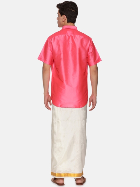 Sethukrishna Men Peach & White Solid Short Sleeves Shirt with Dhoti - Image 5