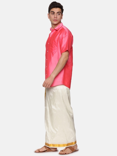 Sethukrishna Men Peach & White Solid Short Sleeves Shirt with Dhoti - Image 4