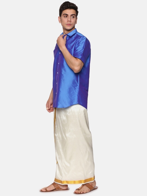 Sethukrishna Men Blue & White Shirt with Dhoti Set - Image 4