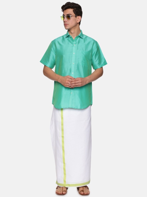 Sethukrishna Men Fluorescent Green & White Shirt with Dhoti - Image 6