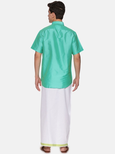 Sethukrishna Men Fluorescent Green & White Shirt with Dhoti - Image 5