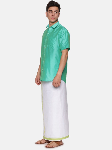 Sethukrishna Men Fluorescent Green & White Shirt with Dhoti - Image 4
