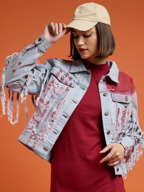 SASSAFRAS Women Gorgeous Blue Abstract Crafted Denim Jacket