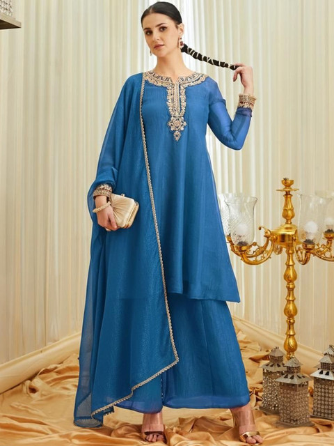 MOKOSH Women Silk Embroidered Anarkali Kurta With Palazzo And Dupatta Set