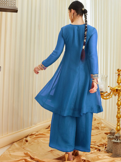 MOKOSH Women Silk Embroidered Anarkali Kurta With Palazzo And Dupatta Set - Image 3