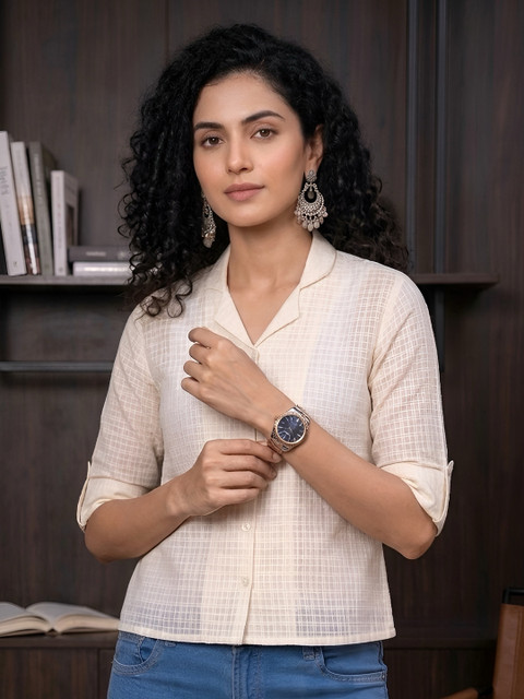 SZN Women Cream Cotton Printed Tops