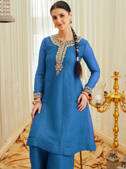 MOKOSH Women Silk Embroidered Anarkali Kurta With Palazzo And Dupatta Set - Image 4