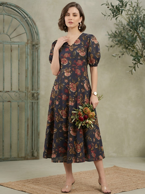 SZN Women Navy Blue Floral Printed Puff Sleeves V-Neck Flared Cotton Dress