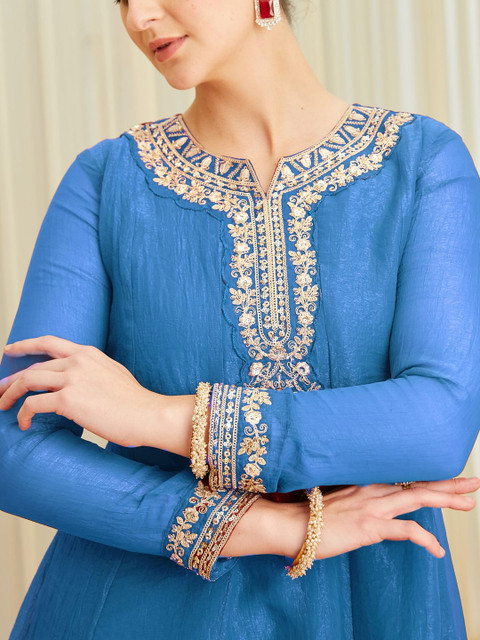 MOKOSH Women Silk Embroidered Anarkali Kurta With Palazzo And Dupatta Set - Image 7