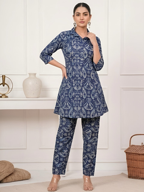 SZN Women Blue & White Printed Co-ords Set