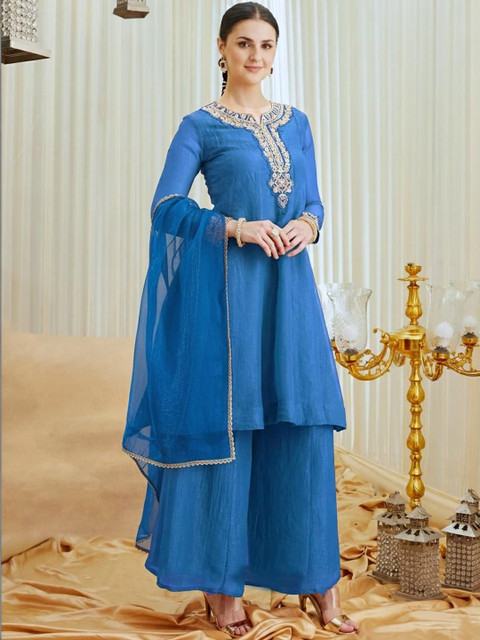 MOKOSH Women Silk Embroidered Anarkali Kurta With Palazzo And Dupatta Set - Image 6