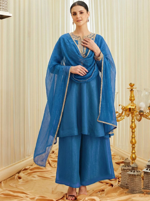 MOKOSH Women Silk Embroidered Anarkali Kurta With Palazzo And Dupatta Set - Image 2