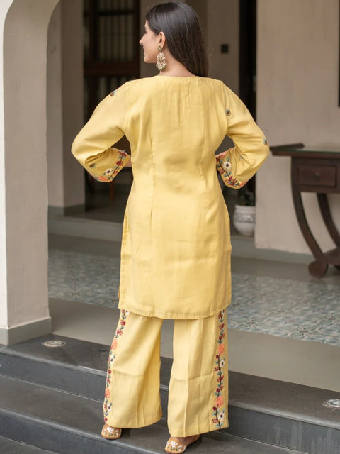HERE&NOW Women Embroidered Regular Thread Work Silk Crepe Kurta with Trousers - Image 6
