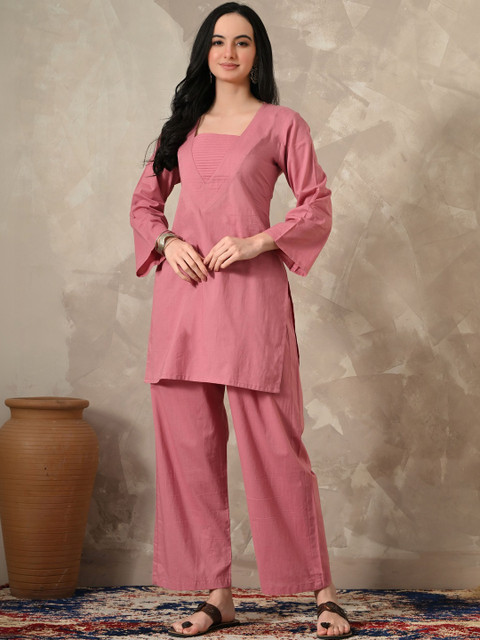 Advya Women Yoke Design Pleated Pure Cotton Kurti with Palazzos & With Dupatta