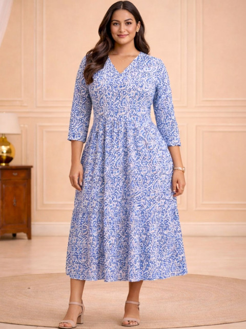 Curvy Love Women's Blue Floral Calf-Length Dress