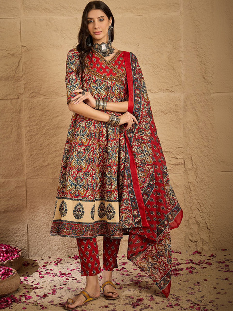 Sangria Ethnic Motif Printed V-Neck Kurta & Trousers With Dupatta