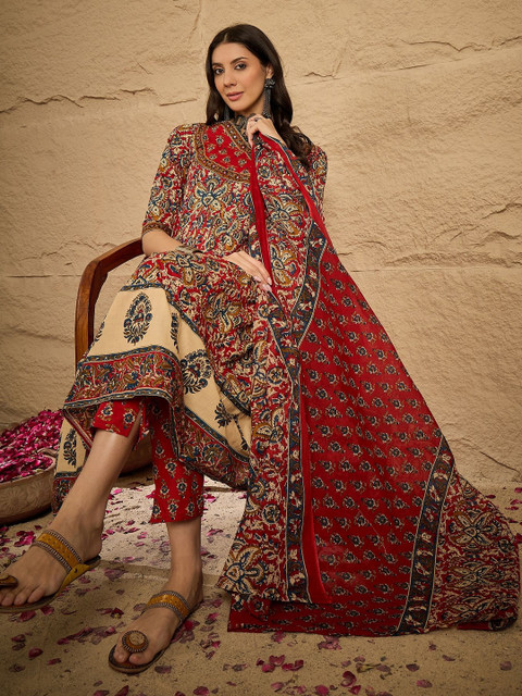 Sangria Ethnic Motif Printed V-Neck Kurta & Trousers With Dupatta - Image 7