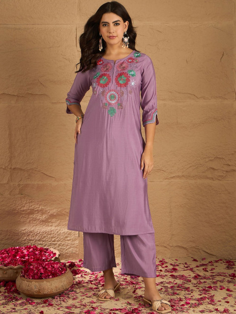 Sangria Embroidered Round Neck Kurta & Trousers