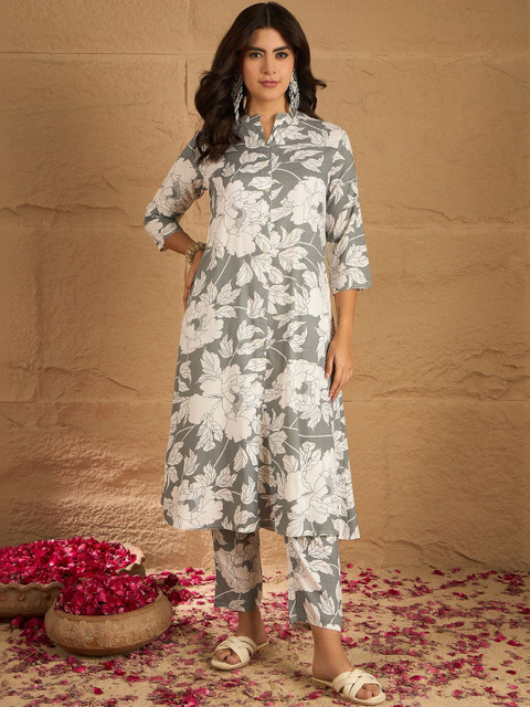 Sangria Floral Printed Mandarin Collar Kurta & Trousers