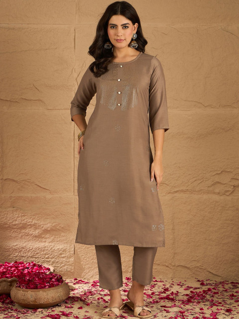 Sangria Embroidered Round Neck Kurta & Trousers