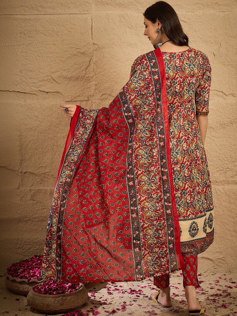 Sangria Ethnic Motif Printed V-Neck Kurta & Trousers With Dupatta - Image 2