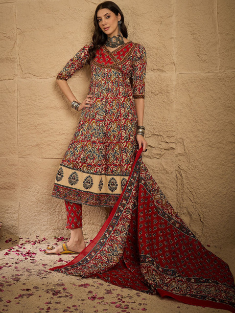 Sangria Ethnic Motif Printed V-Neck Kurta & Trousers With Dupatta - Image 4