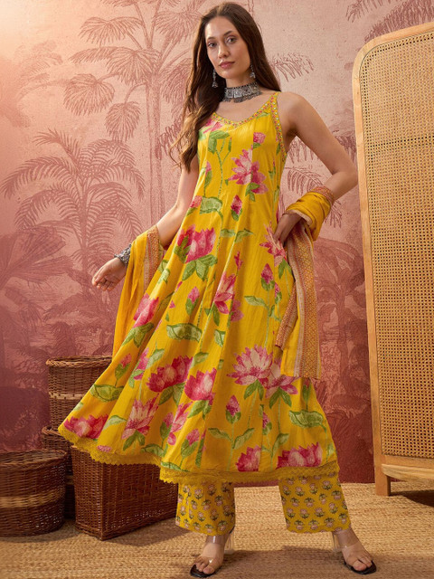 Sangria Printed with Embellished Round Neck Flared Kurta & Trousers With Dupatta