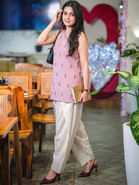 Youthnic Women Cotton Embroidered Stripes Straight Kurti With Farshi Salwar - Image 4