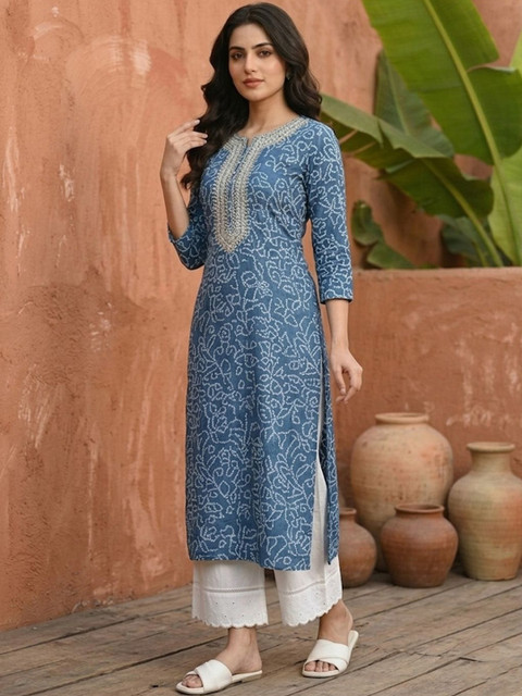 Sangria Printed Round Neck Calf Length Straight Kurta
