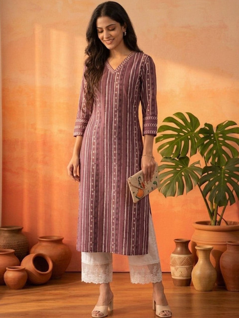 Sangria Printed Pure Cotton V-Neck Calf Length Straight Kurta - Image 4
