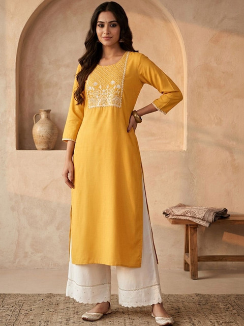 Sangria Embroidered Round Neck Calf Length Straight Kurtas