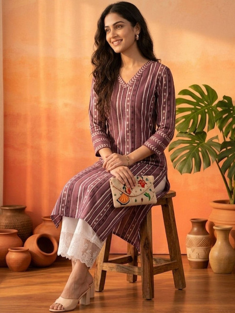 Sangria Printed Pure Cotton V-Neck Calf Length Straight Kurta - Image 5