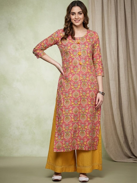 Sangria Printed Cotton Round Neck Calf Length Straight Kurta