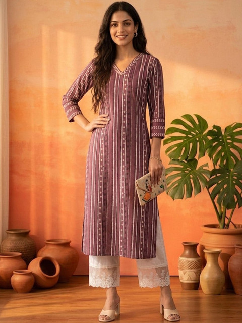 Sangria Printed Pure Cotton V-Neck Calf Length Straight Kurta