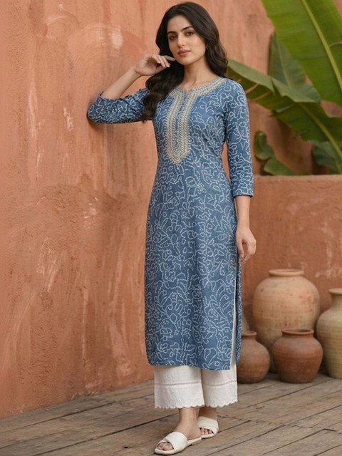 Sangria Printed Round Neck Calf Length Straight Kurta - Image 5