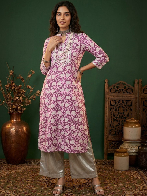 Sangria Printed Cotton Mandarin Collar Calf Length Straight Kurtas
