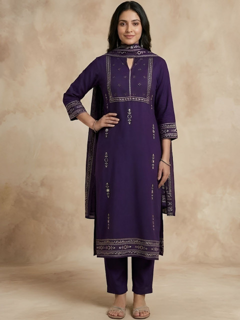 HERE&NOW Ethnic Motifs Printed Mirror Work Pure Cotton Kurta with Trousers & Dupatta
