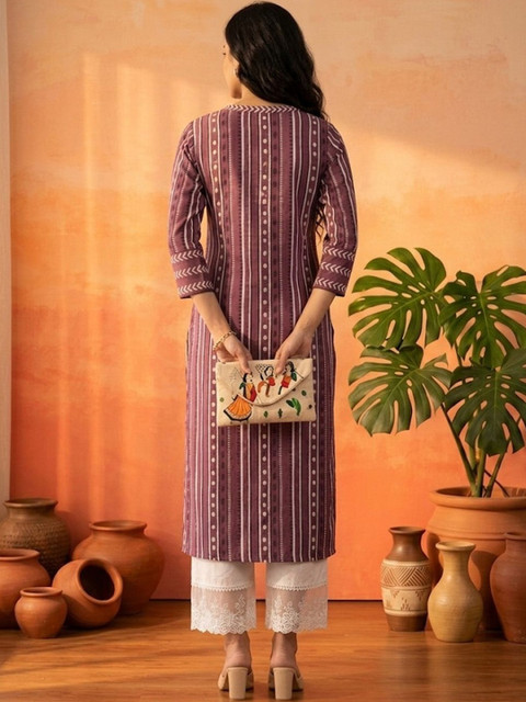 Sangria Printed Pure Cotton V-Neck Calf Length Straight Kurta - Image 3